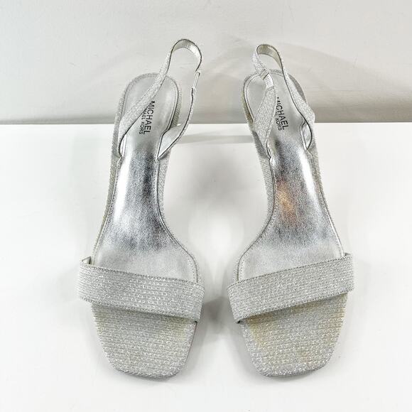 Michael Kors Pixie Fine Glitter Mila Slingback Kitten Heel Sandals Silver 9.5 - Picture 8 of 8